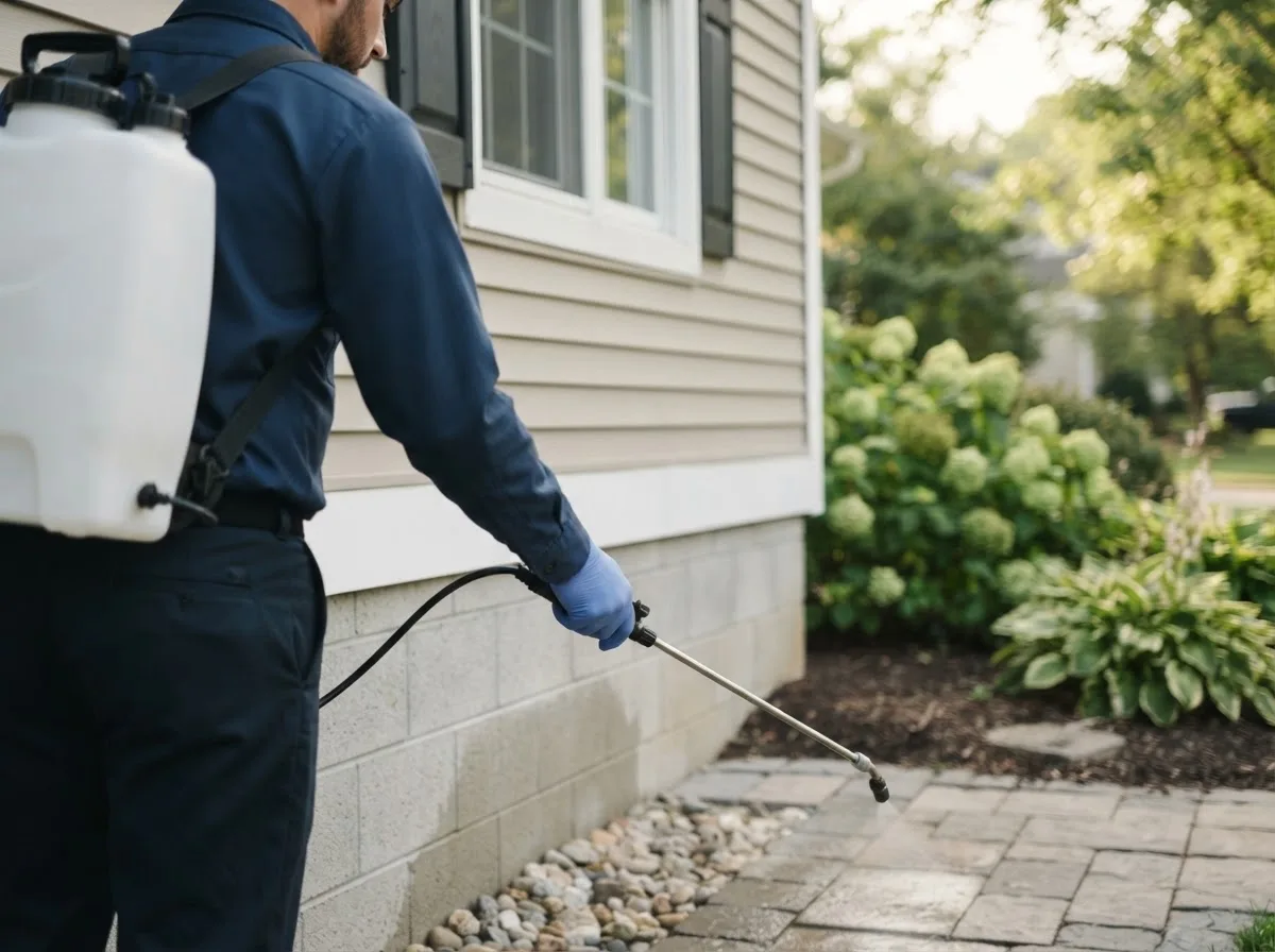Pest control technician inspecting a home in Chestertown, NY
